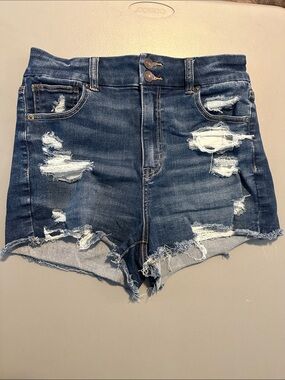 American Eagle Outfitters High-Rise Distressed Dark Blue Denim Shorts